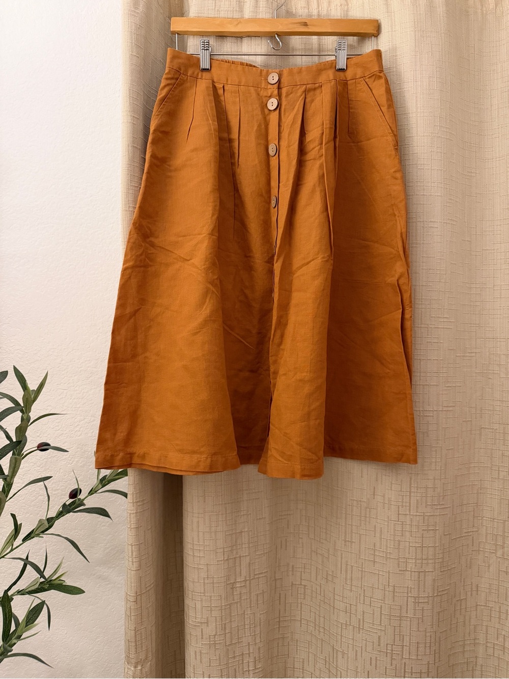 NWT Cotton & Linen Button-Front A-Line Midi Skirt in Rust with Pockets!